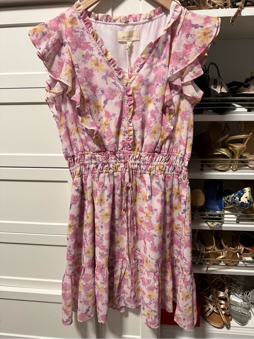 MELLODAY Pink Floral Ruffle Waist Summer Dress